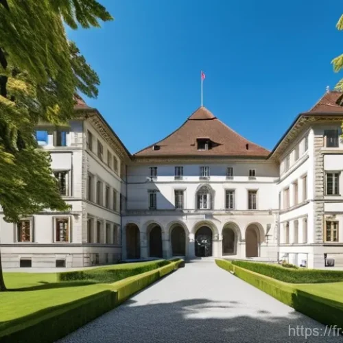 스위스 국립 박물관 탐방 - **Aesthetic Fusion: Old Castle, New Wing.**
    "A wide-angle, panoramic shot of the Swiss National ...