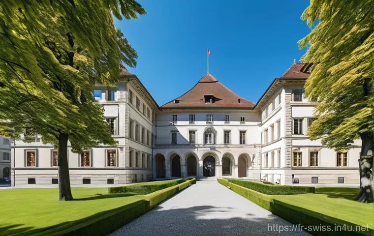 스위스 국립 박물관 탐방 - **Aesthetic Fusion: Old Castle, New Wing.**
    "A wide-angle, panoramic shot of the Swiss National ...