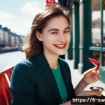 스위스 나이프 종류 및 활용법 - **Prompt:** A young woman, dressed in smart casual attire, sits at an outdoor café in a bustling Eur...