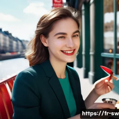 스위스 나이프 종류 및 활용법 - **Prompt:** A young woman, dressed in smart casual attire, sits at an outdoor café in a bustling Eur...