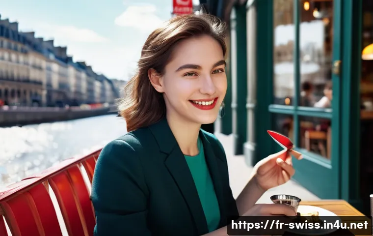 스위스 나이프 종류 및 활용법 - **Prompt:** A young woman, dressed in smart casual attire, sits at an outdoor café in a bustling Eur...