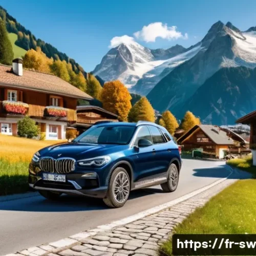 스위스에서 자동차 렌트하는 법 - A compact car navigating narrow alpine village streets in Switzerland during early autumn, surrounde...