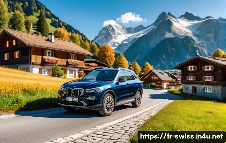 스위스에서 자동차 렌트하는 법 - A compact car navigating narrow alpine village streets in Switzerland during early autumn, surrounde...