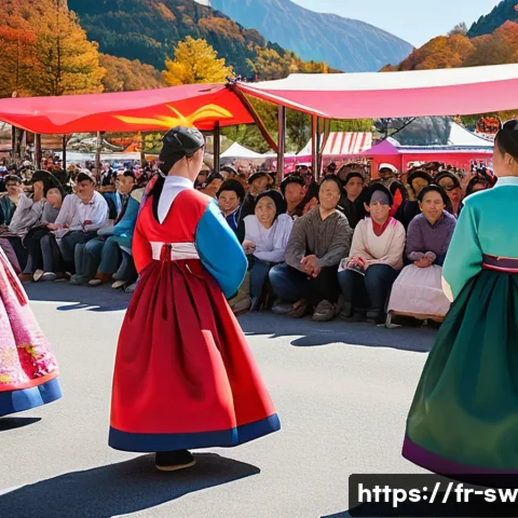 스위스에서 한인 커뮤니티 활동 - A vibrant Korean cultural festival in a Swiss town square during autumn, featuring families and frie...