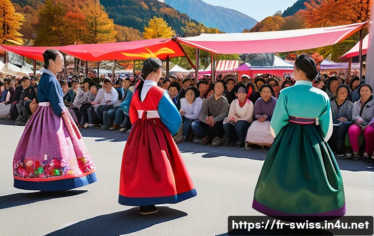스위스에서 한인 커뮤니티 활동 - A vibrant Korean cultural festival in a Swiss town square during autumn, featuring families and frie...