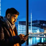 Home 22 스위스에서 인터넷과 휴대폰 사용법 - A modern Swiss urban setting with diverse people using smartphones, illustrating the complexity of m...