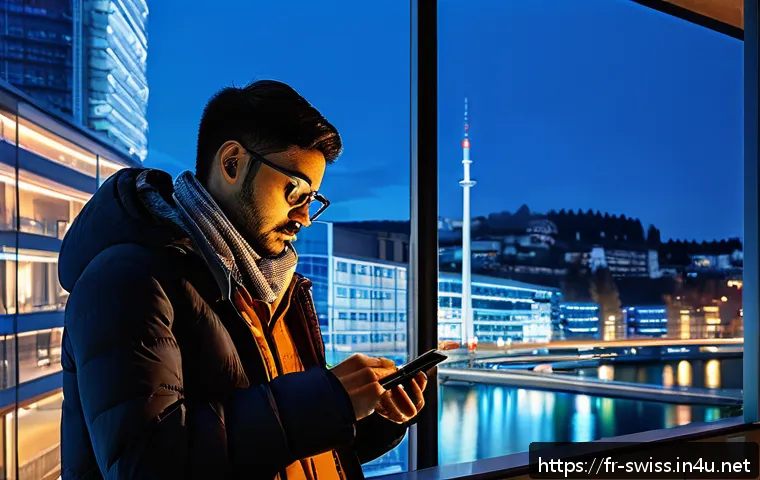 스위스에서 인터넷과 휴대폰 사용법 - A modern Swiss urban setting with diverse people using smartphones, illustrating the complexity of m...