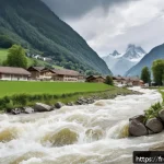 Home 21 스위스에서 자연재해 발생 시 대처법 - A detailed scene showing a Swiss alpine village preparing for a sudden flood warning: families with ...