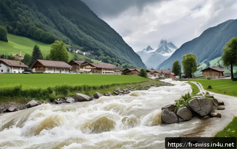 스위스에서 자연재해 발생 시 대처법 - A detailed scene showing a Swiss alpine village preparing for a sudden flood warning: families with ...