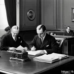 Home 20 스위스 은행 비밀주의와 역사 - A sophisticated Swiss bank interior scene during the 1930s, featuring elegant wooden desks and leath...