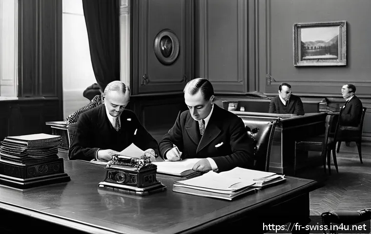 스위스 은행 비밀주의와 역사 - A sophisticated Swiss bank interior scene during the 1930s, featuring elegant wooden desks and leath...