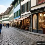 Home 19 스위스 쇼핑 핫스팟 - A serene, historic street scene in Zurich’s Lindenhof district featuring narrow cobblestone alleys l...