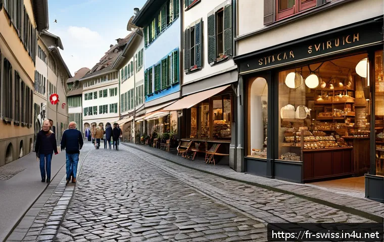 스위스 쇼핑 핫스팟 - A serene, historic street scene in Zurich’s Lindenhof district featuring narrow cobblestone alleys l...