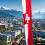 Home 18 스위스의 중립국 역사 - A detailed panoramic view of Geneva’s international district, showcasing iconic buildings like the U...