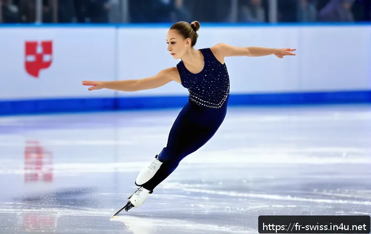 스위스 피겨 스케이팅 선수 - A Swiss figure skater performing a dynamic triple jump on pristine indoor ice rink, wearing elegant,...