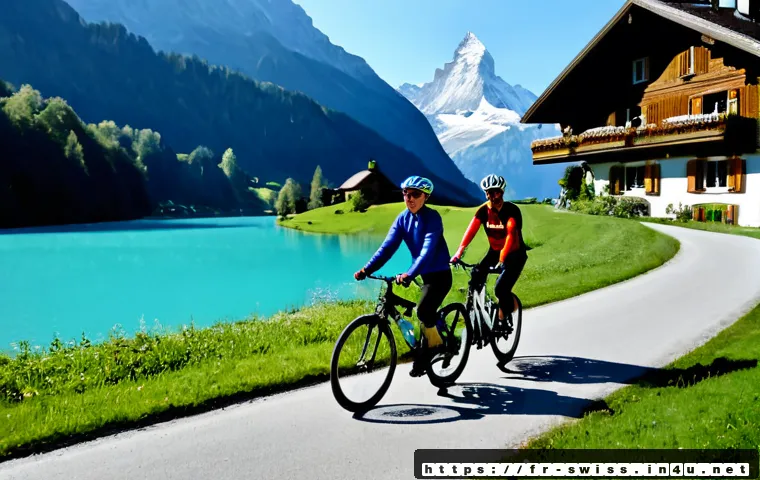 스위스 자전거 여행 코스 - Photorealistic scenic cycling route in the Swiss Alps, a middle-aged French-speaking couple in modes...