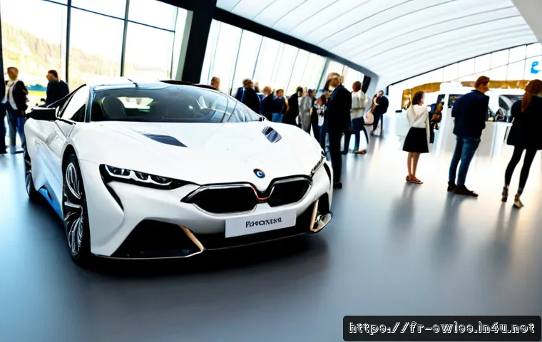 제네바 모터쇼 특징 - Photorealistic wide-angle view of an elegant international motor show inside a modern Geneva-style e...
